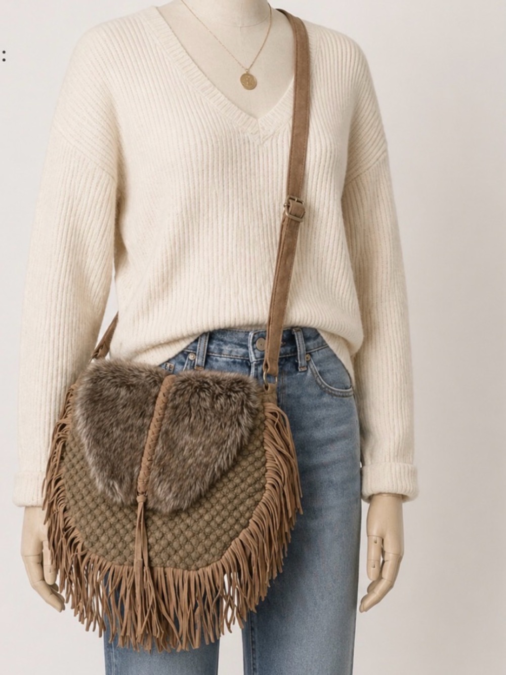 Boho Fringe Crossbody Bag Faux Fur Western Festival Indie Cowgirl Tan AZIZA